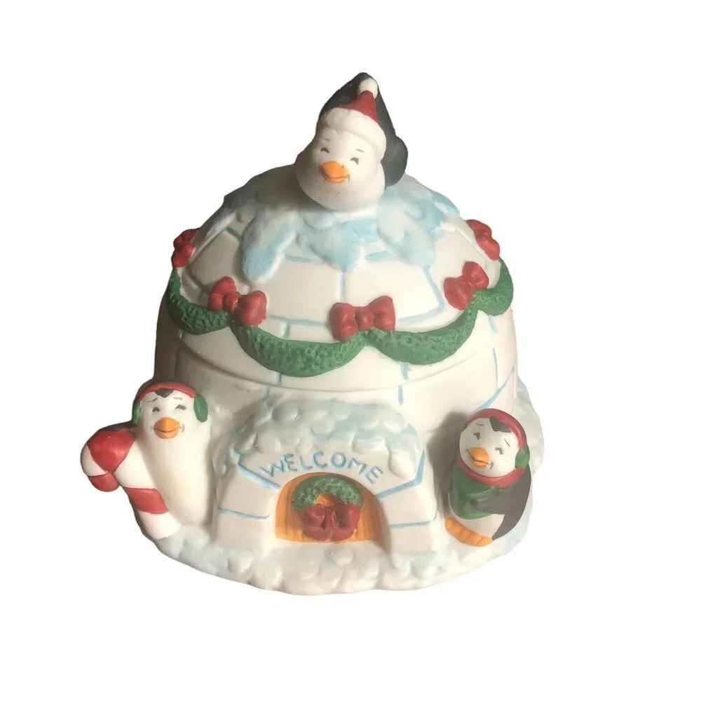 Vtg 1995 FIGI'S Penguin Christmas Decorated Igloo Candle Candy Dish Trinket Box
